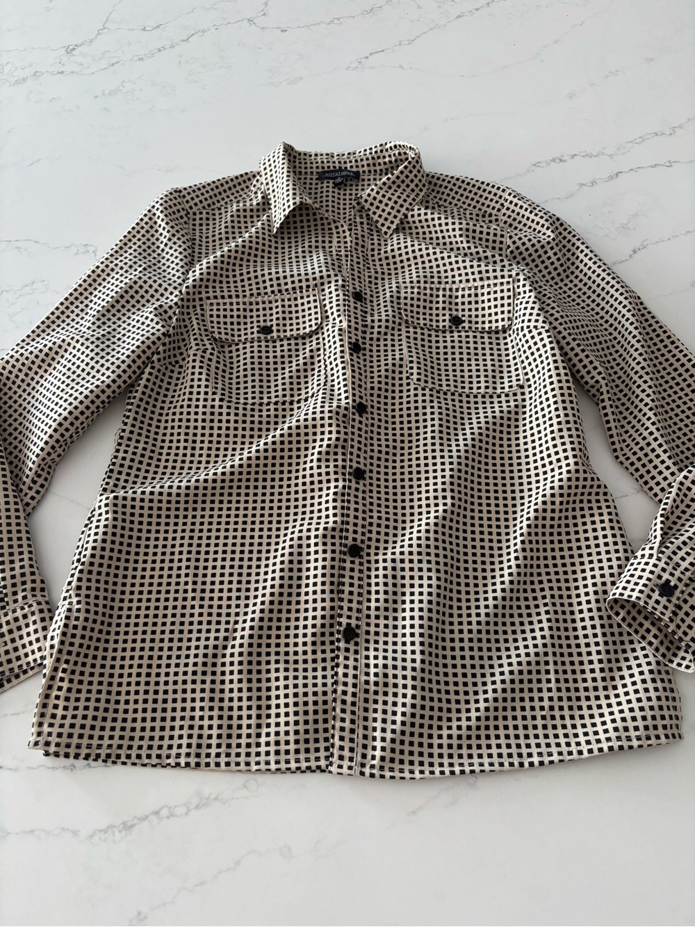 Notations Beige and Black Micro-Check Button Front Shirt - Picture 2 of 5